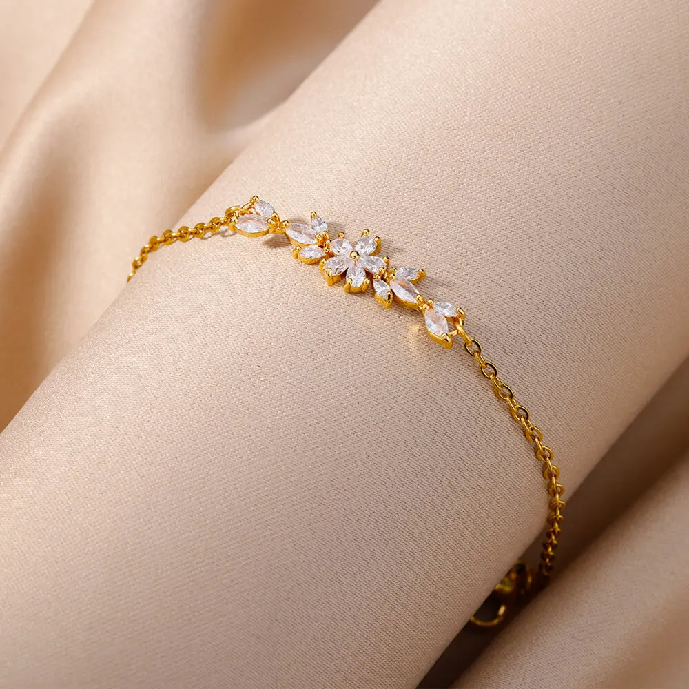 Elegant Zircon Flowers Bracelet For Women Girls Charm Gold Color Stainless Steel Plant Bracelets Luxury Designer Jewelry Gifts - Gul's