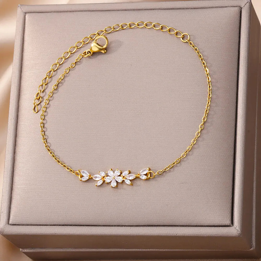 Elegant Zircon Flowers Bracelet For Women Girls Charm Gold Color Stainless Steel Plant Bracelets Luxury Designer Jewelry Gifts - Gul's