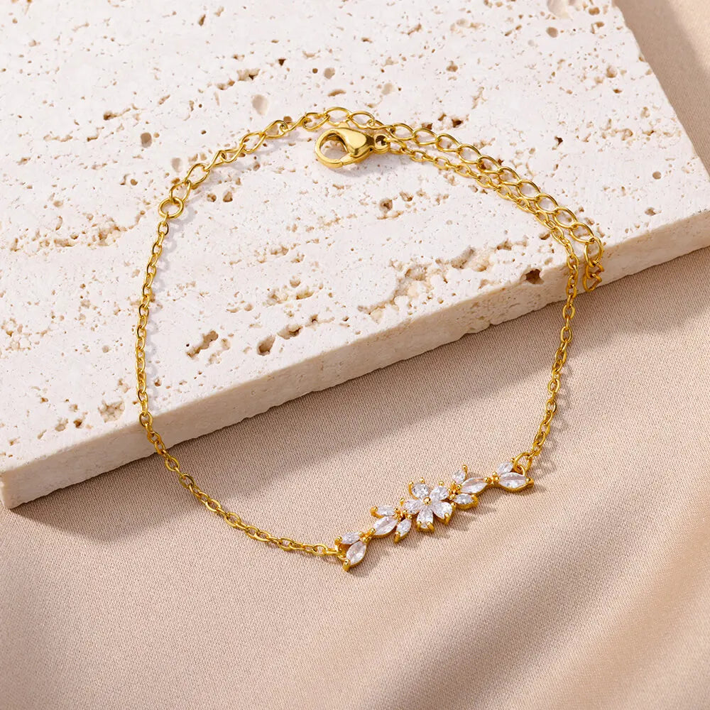 Elegant Zircon Flowers Bracelet For Women Girls Charm Gold Color Stainless Steel Plant Bracelets Luxury Designer Jewelry Gifts - Gul's